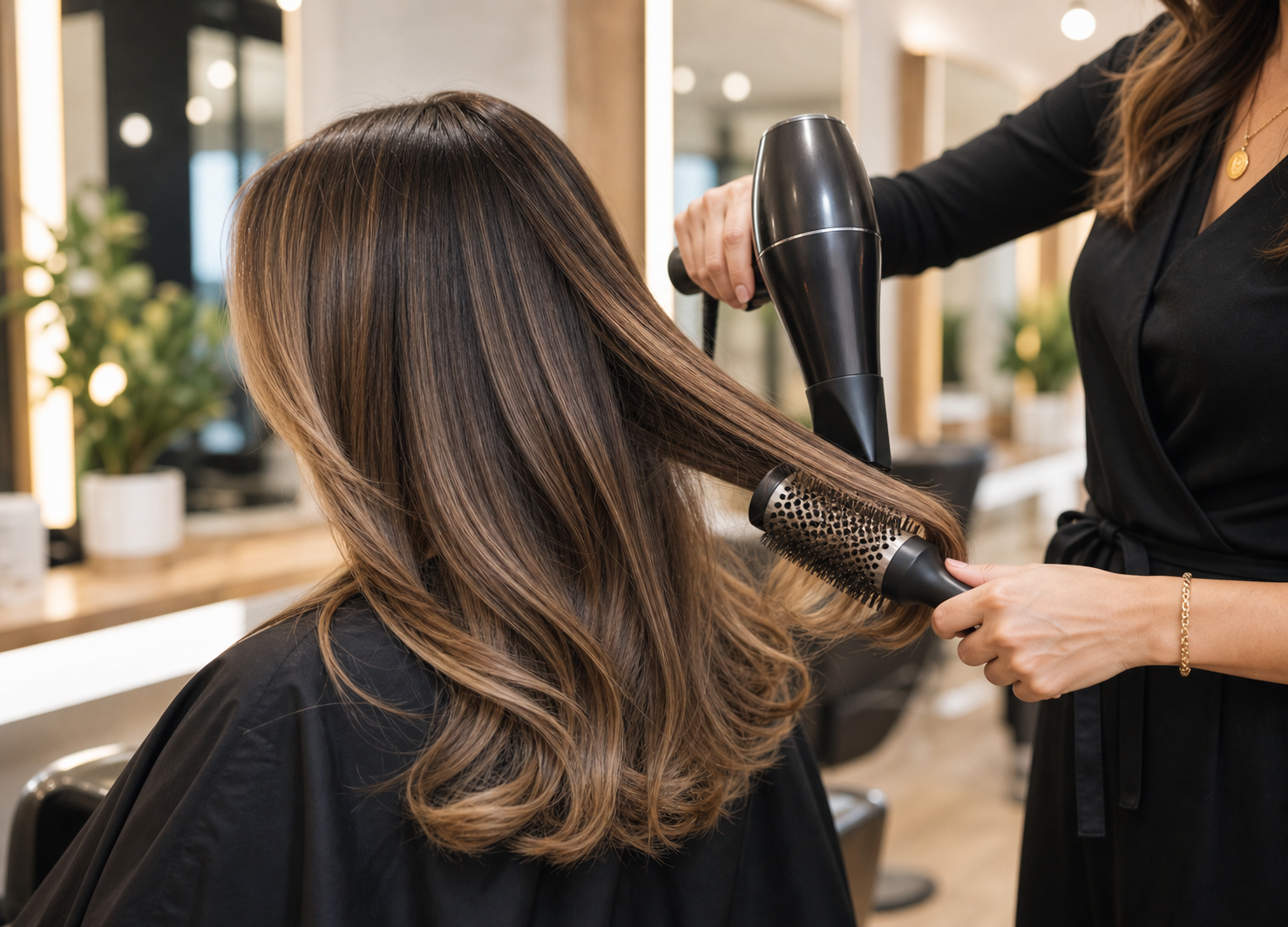 Professional blowout styling with round brush