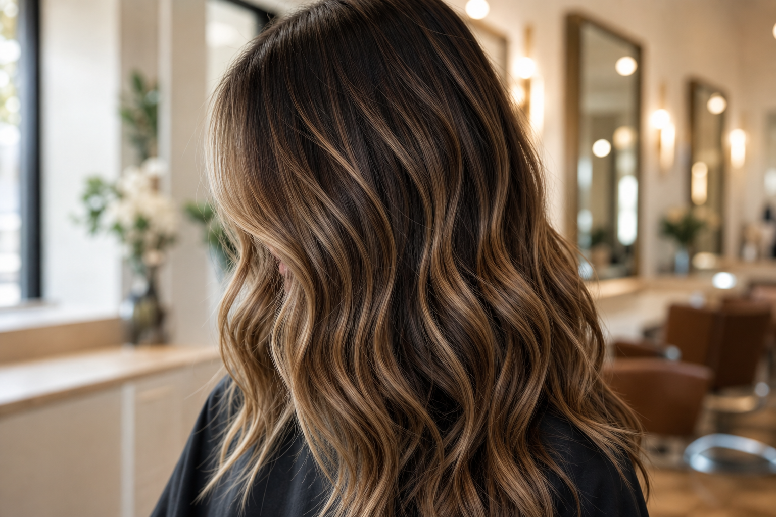 Soft brunette and caramel balayage hair color