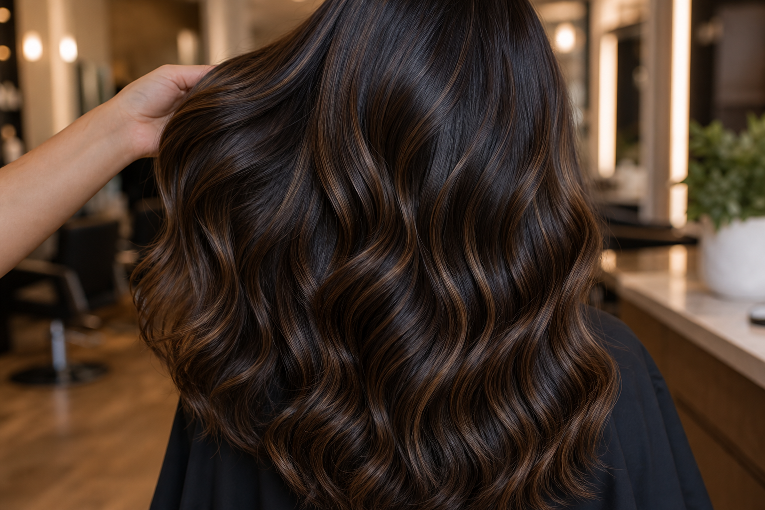 Glossy dimensional brunette hair color