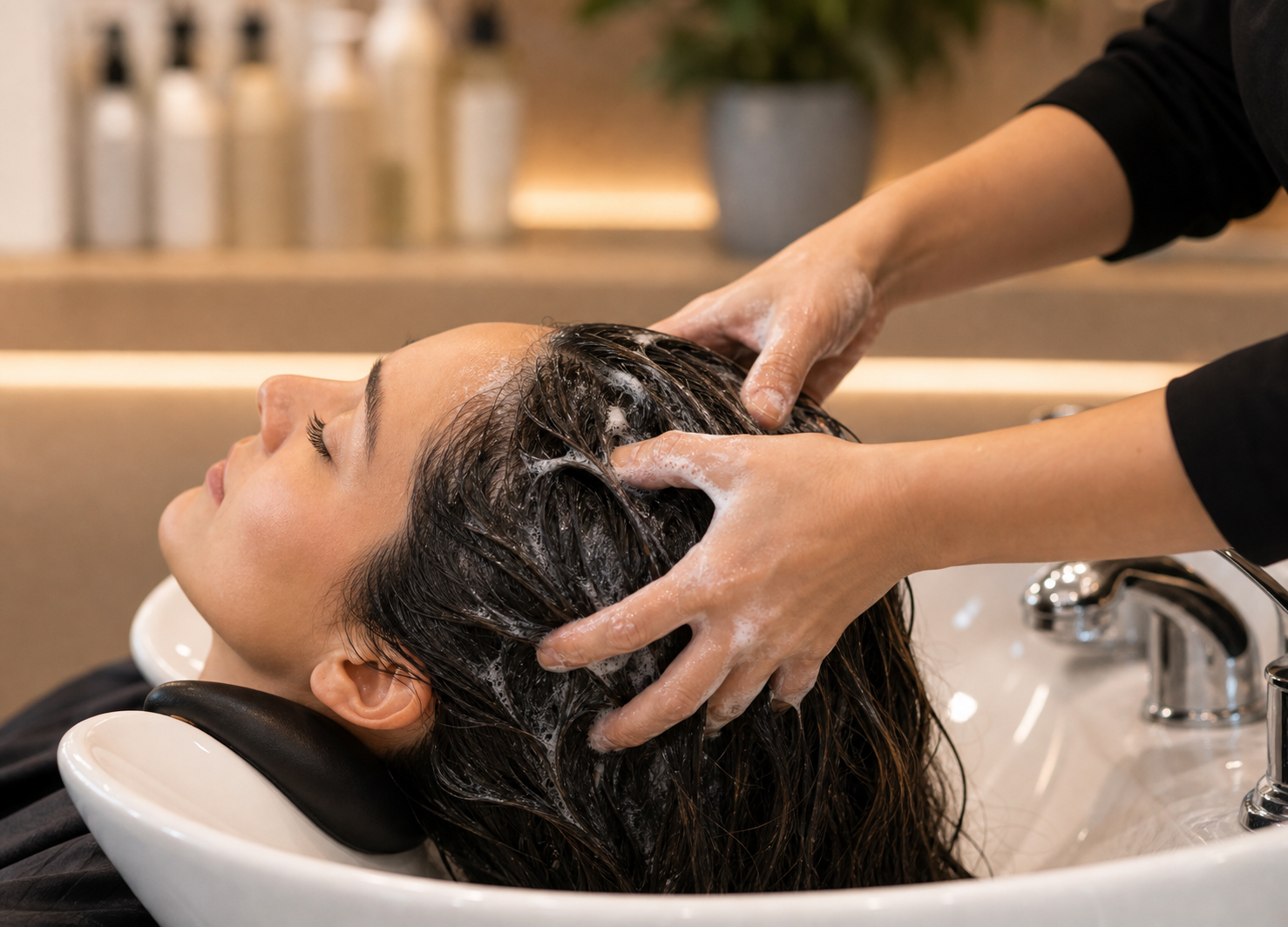 Relaxing scalp treatment at a salon shampoo station